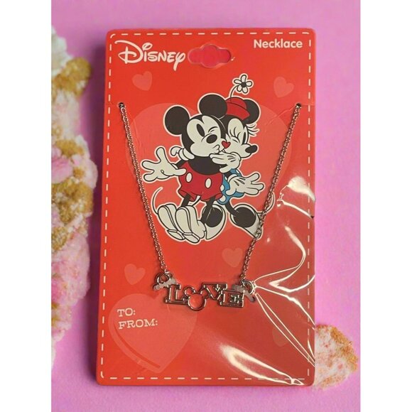 Disney Mickey and Minnie Mouse Love Silver Toned Pendant Necklace New DEADSTOCK - Picture 1 of 4